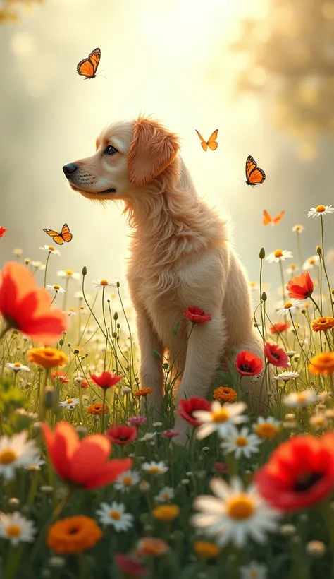 Imagine a delightful garden, brimming with the joyful beauty of nature, now with a cute dogs perspective: In this heartwarming artwork, visualize an ultra-realistic garden bursting with poppies, chrysanthemums, daisies, roses, marigolds, lily of the valley...