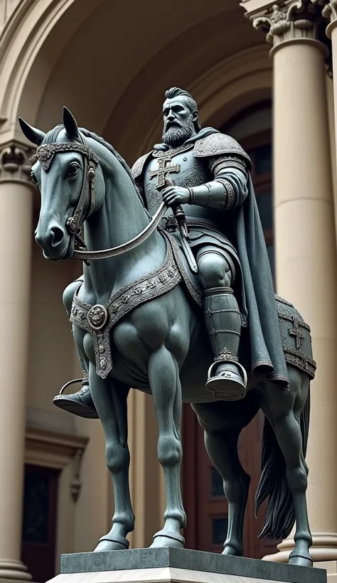 4K HD QUALITY "A statue-like representation of Charlemagne on horseback, holding a cross in one hand and a sword in the other, symbolizing his legacy as the ‘Father of Europe.’"