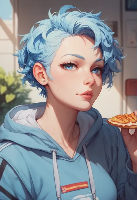  light blue hoodie　Food　Hair color is navy blue