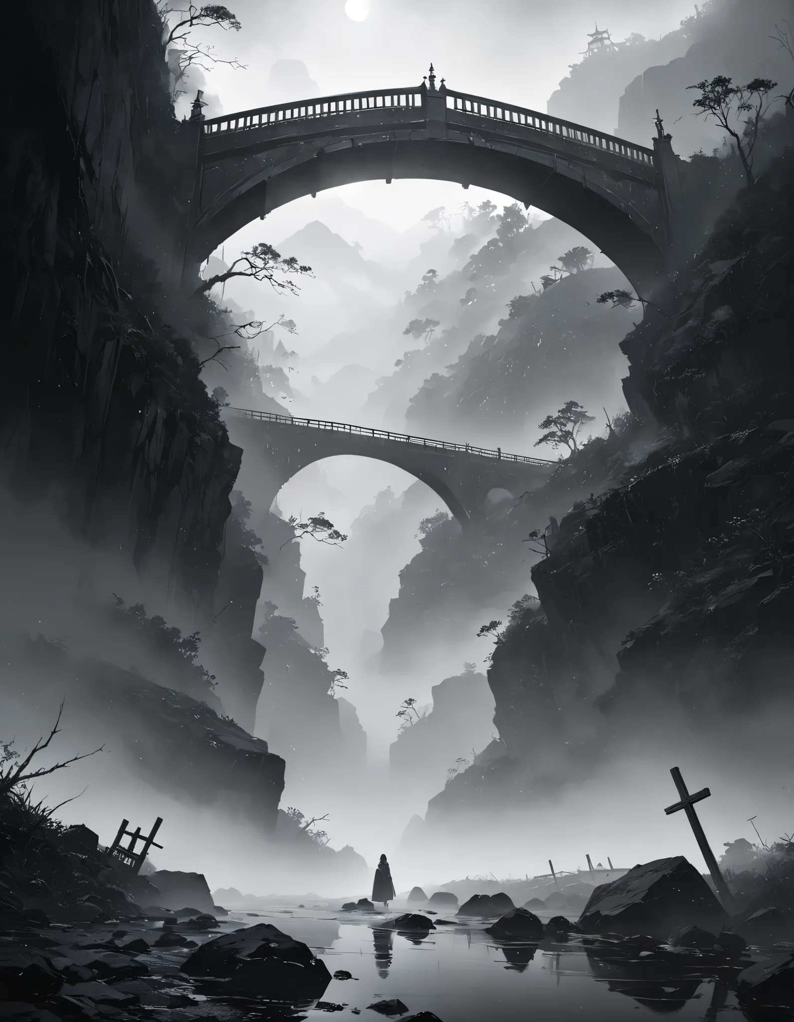 ((Surprisingly bizarre )),(masterpiece:1.2),超 high definition ,  Attention to Details ,  High Quality ,  high definition , 最 High Quality , 4K, 8k、 landscape painting、The Bridge Seen from Deep in the Fog 、 misty 、 black and white tones 、 an eerie and mysterious work