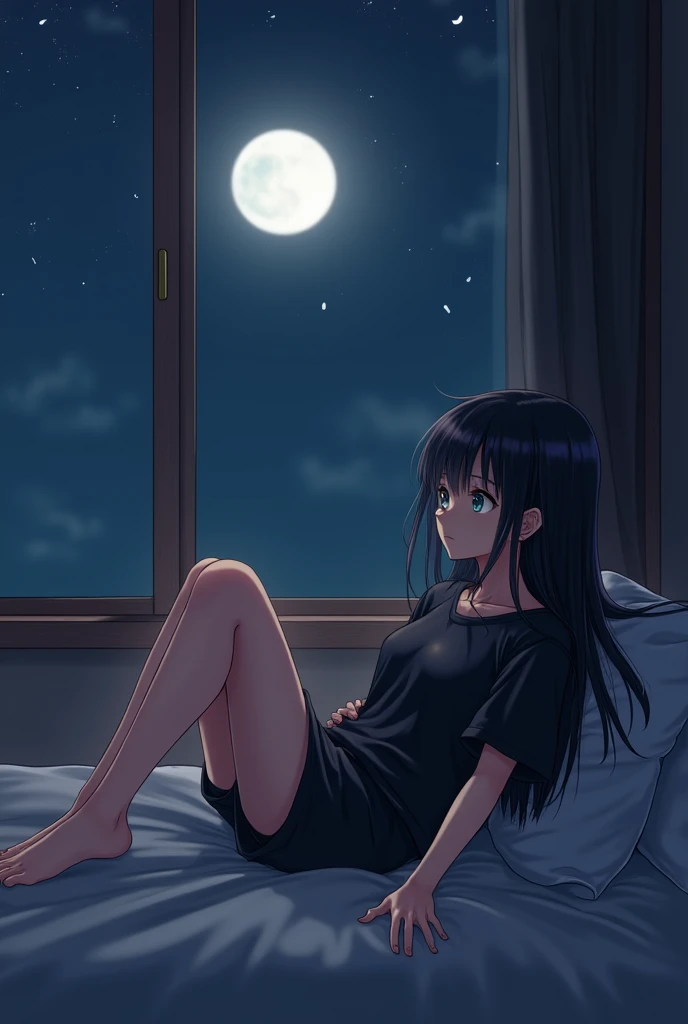  Girl with long loose straight black hair wearing pajamas black with shorts lying in bed, In the background a night window looking at the moon like Anine 