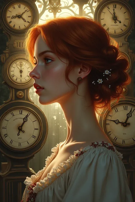 Profile of a girl character surrounded by clocks, 