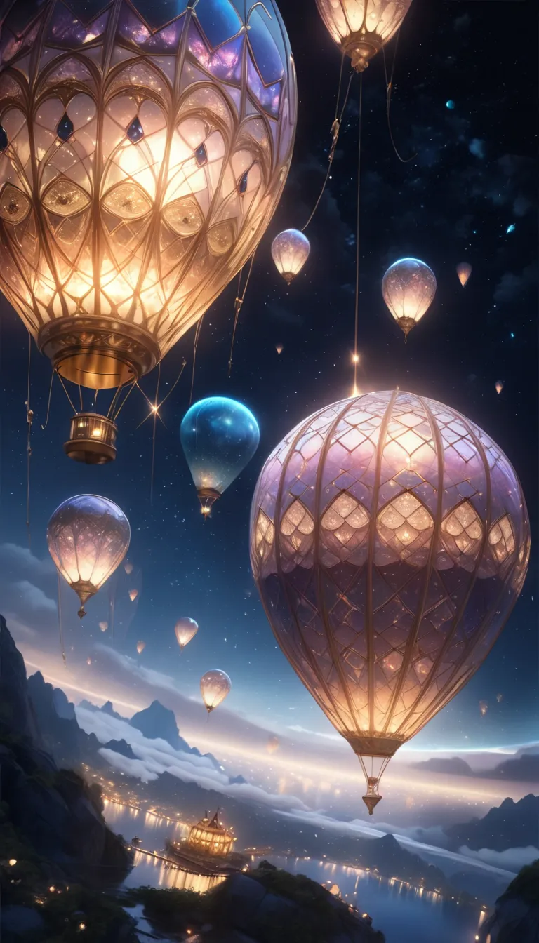 sl train floating in the night sky ,  digital art,  surreal, hyperrealistic,  movie lighting, glowing lantern, dramatic atmosphe...