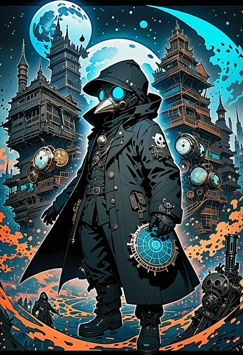 (masterpiece, best quality),(ultra highres, ultra-detailed:1.2),flatcolor,A boy floating in sky on city made of gear,fly high, BREAK (chibi-boy,scientist,(wearing plague-doctor costume,plague-doctor mask),eyes glow blue,black hood,black lab-coat,mecha arm)...