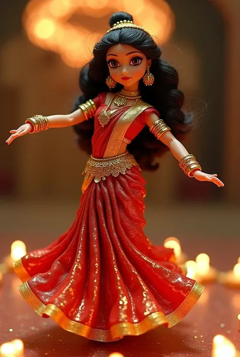 6.  Bollywood flower
An Indian doll with a shiny sari and gold bracelets that jingle. She is in a classical dance position ,  surrounded by lights that form a mandala . GIVE an unpublished image in 4D .
