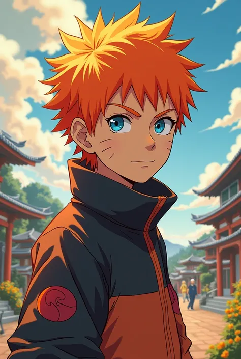  Draw a picture of a boy with brown skin, blue eyes and orange hair .  the drawing has to be in the style of the anime Naruto.