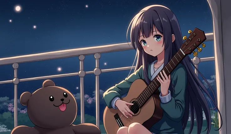  simple background、girl playing acoustic guitar、 anime style illustration 、 black hair、Long Hair