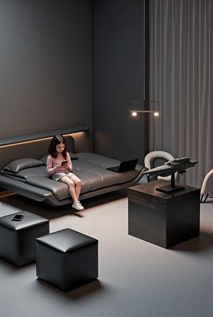 Professional 3d architecture rendering design of modern and minimal and high tech design for girl’s  room and this  room made of 2 black  leather cubes chairs and 2 circle white  leather chairs and 1 triangle table and  dark grey bed with  airplane wings s...