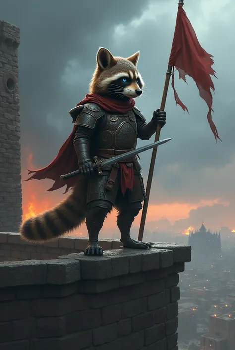 A raccoon，blue pupils，wear armor，Stripped layer ，  Holding a long spear  ，站在 city wall 上， Very cloudy ，calls，long sword， round ears ， waving flag ，calls of war，A serious look， Looking into the distance， city wall ， The fire spread ，juvenile， The moon cover...