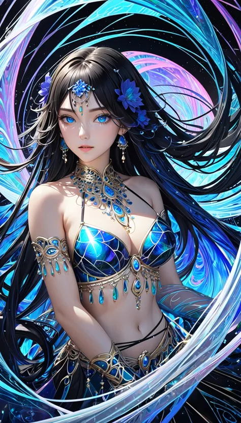 conceptual installation art, cool beauty, living expressions, shiny silky disheveled hair, captivating eyes, hourglass figure, wearing a gorgeous belly dance costume, with everything except her eyes covered, iridescent various effects, background backgroun...