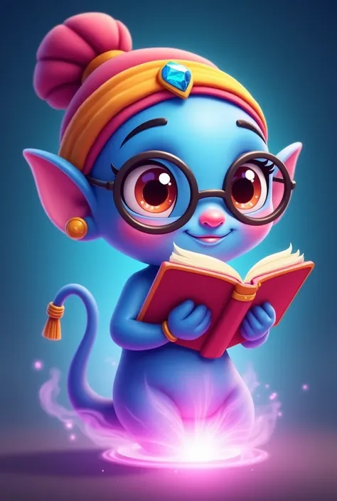 A friendly, cartoon-style genie with a wearing glasses , reading a recipe or a book and bright, large eyes, in the style of a Cooking Dash character. The genie has a round face, a reading a book look, and wears a colorful turban with a jewel in the center....