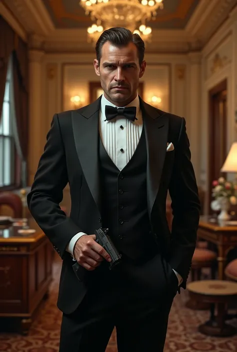 Hotel Buttler, badass, with pistol
