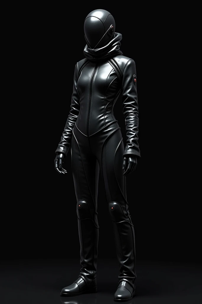 A model wearing fully coverd futuristic leather outfit with full head and full covered headwear in front of an black screen 