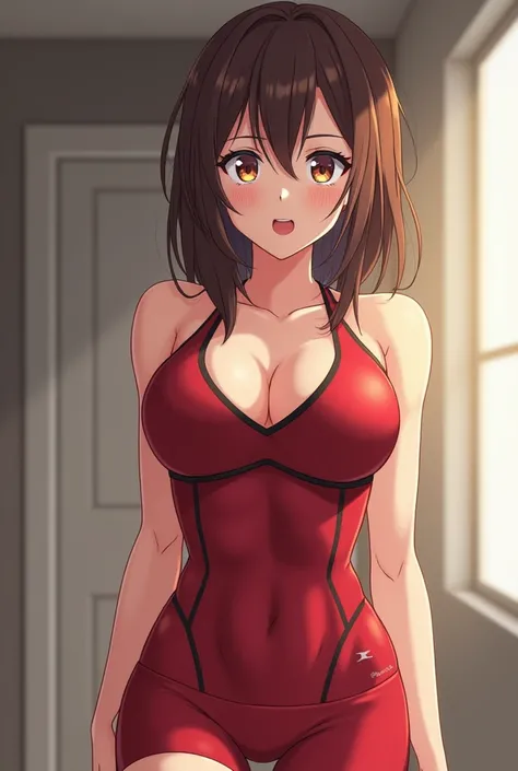  A 35-year-old anime woman with her tits popping out,  she is wearing physical education clothes that are very tight to the point of marking the beak of her chest, She seems to be tired even red , Shes drenched in sweat horny  