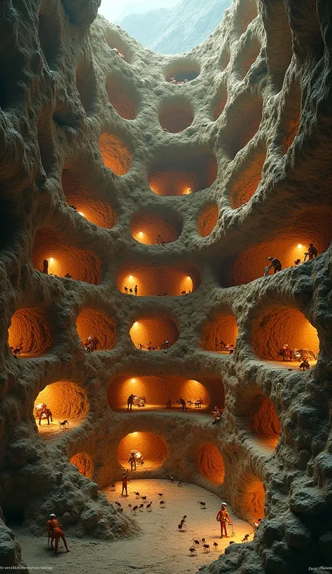 "An underground view of an ant colony, with interconnected tunnels and chambers for food storage, nurseries, and trash disposal, depicted in cross-section."