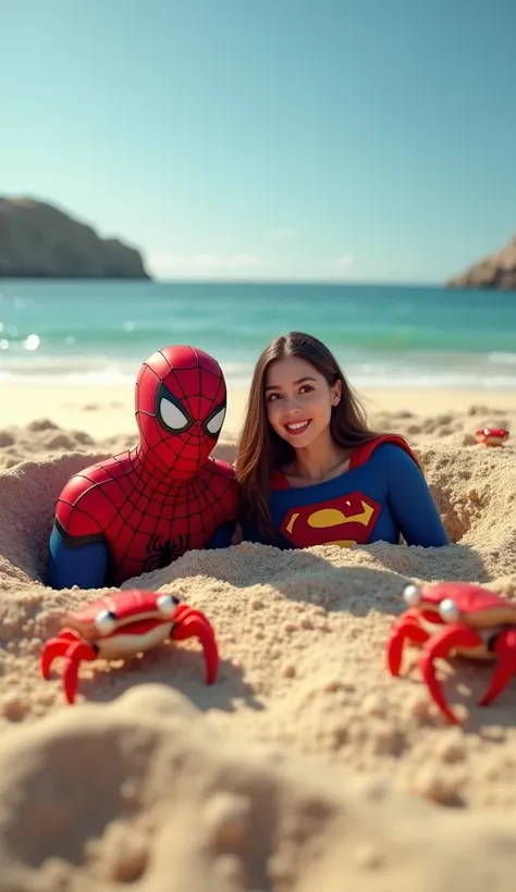 Create a realistic beach scene featuring two realistic superhero sleeply  buried in sand, surrounded by playful crabs. One is realistic spider man in vibrant red and blue suit with a web pattern while the other is beautiful cute woman in super man costume ...