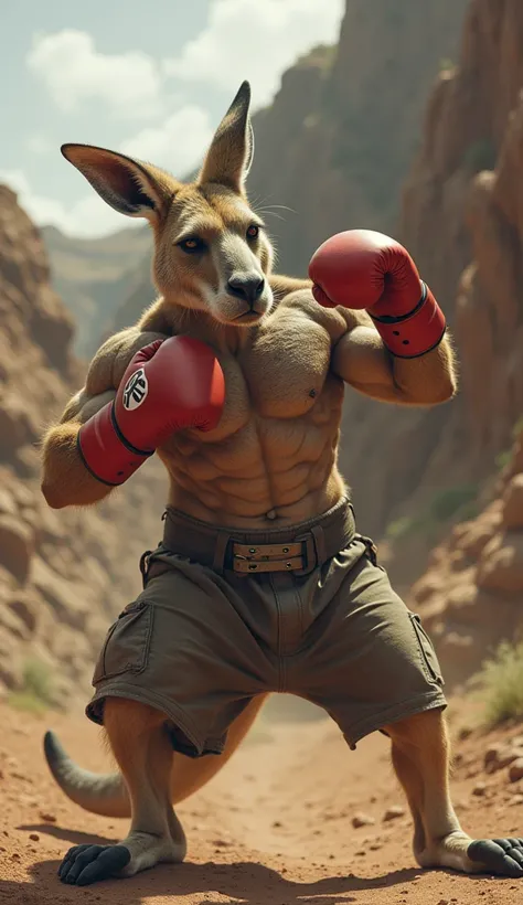 Very muscular kangaroo training boxing several Rochy satire sequences