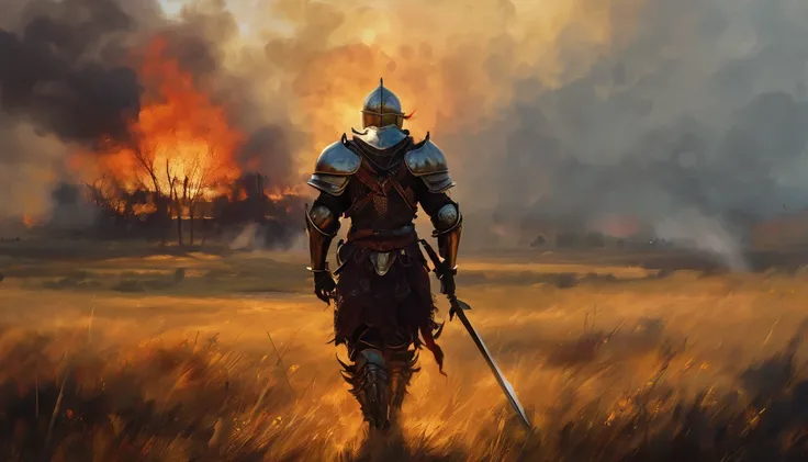 In a field filled with fire and smoke a warrior in armor is walking through the shadows the art style is surreal and oil