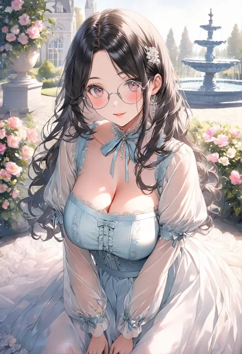 ((highest quality)), ((masterpiece)), (detailed), (front view), (one girl), sexy, shiny skin, glossy skin, height 168cm, bust 120cm, big breast, hourglass body, housewife, black hair parted bangs, A mother with warm eyes, Wearing round glasses, Looking at ...