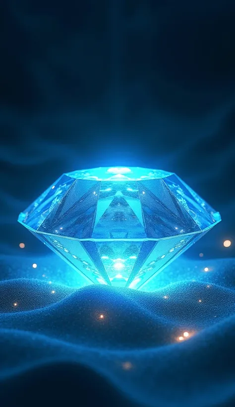 A blue bright crystalic diamond shinning bright on a sandy surface. This blue light is so bright its rays radiate the whole space