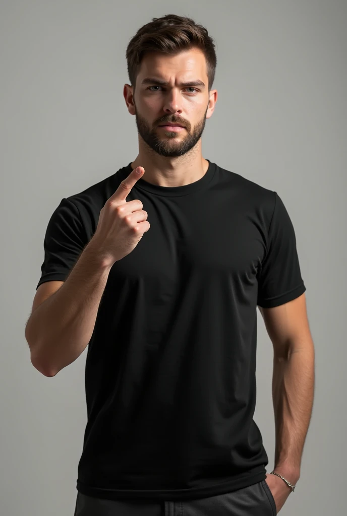 Man pointing finger in downward direction, wearing plain black t-shirts without any fault in t-shirt, make perfect plain t-shirt 