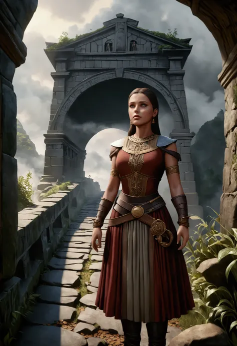 A woman, beautiful detailed eyes, beautiful detailed lips, extremely detailed eyes and face, long eyelashes, cute, sexy adventurer outfit, awestruck, staring at ancestor spirits, ancient bridge, fog, (best quality, 4k, 8k, highres, masterpiece:1.2), ultra-...