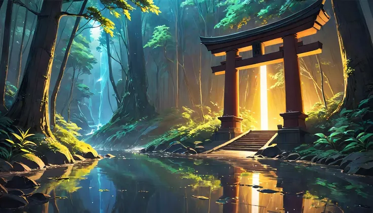 A masterpiece of high quality, the landscape, when you pass through a cave in the dark forest, you will find a mysterious torii gate, and sunlight filtering through the trees. Pixiv, concept art, lo-fi art style, reflection. Written by Makoto Shinkai, Beau...