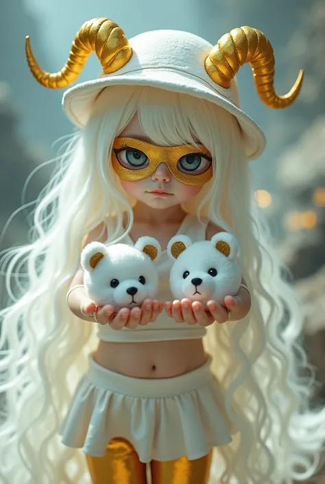 A girl with wavy white hair, wearing a gold-colored eye mask, large golden horns, a long white hat with golden stockings, a short white skirt, a white crop top with white stuffed animals around her hands.