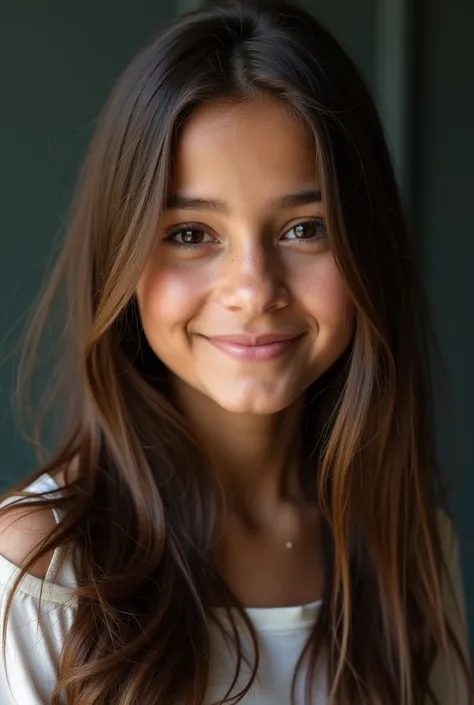  A half-length portrait of an attractive girl with an athletic build,  with straight brown hair , dark dark complexion ,  playful look with droopy eyes , straight and thin nose, defined oval jaw ,  thin upper lip and thick lower lip, charismatic smile.