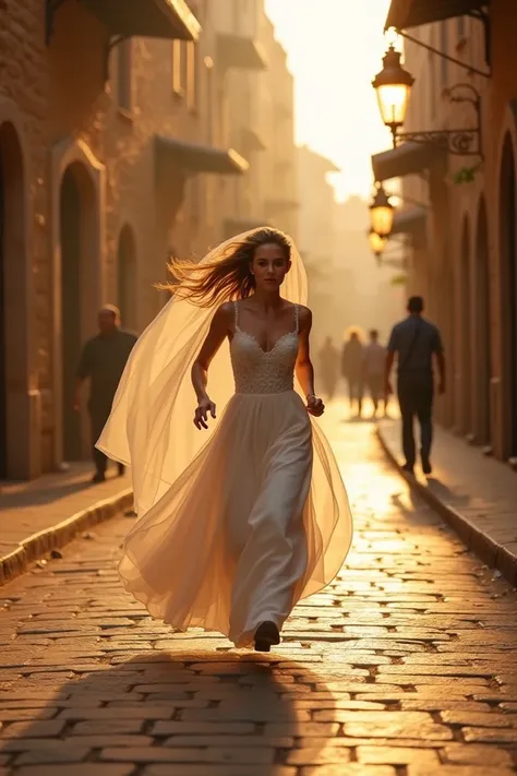 A bride running in Israel  ,  with a lamp lights up on the streets 