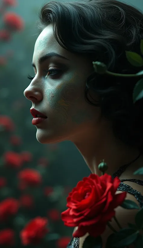 a dark and unsettling abstract interpretation of the Black Dahlia mystery, delicate fragmented images of Elizabeth Short, hauntingly beautiful blood-red roses, a vintage film reel, chiaroscuro lighting, moody and atmospheric, dramatic color palette, deep s...