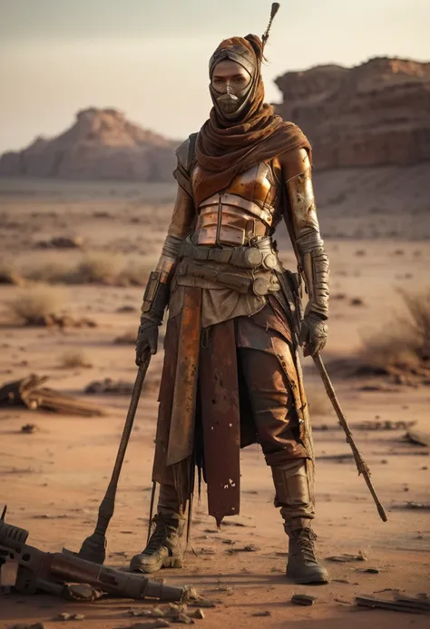 Full-body shot of a figure wearing layered garments with copper and rust tones, holding a metallic staff, standing in a desert landscape with abandoned, half-buried machinery around, high detail on the texture of fabric and rust, gritty and weathered look,...