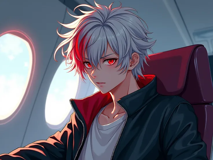 Teenage male anime style 2d,  white hair, red lock, red eyes, urban clothing,IN A PLANE