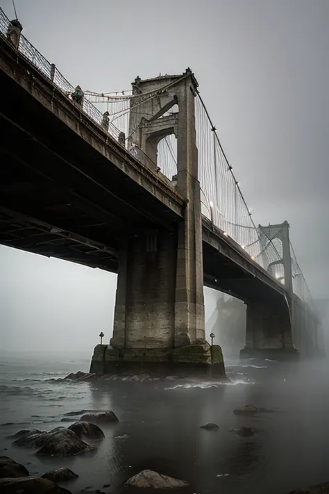  over a wide sea 　 long suspension bridge　A lot of fog 　Ancient Bridge in the Fog/An old bridge in the fog/An old bridge shrouded in fog 