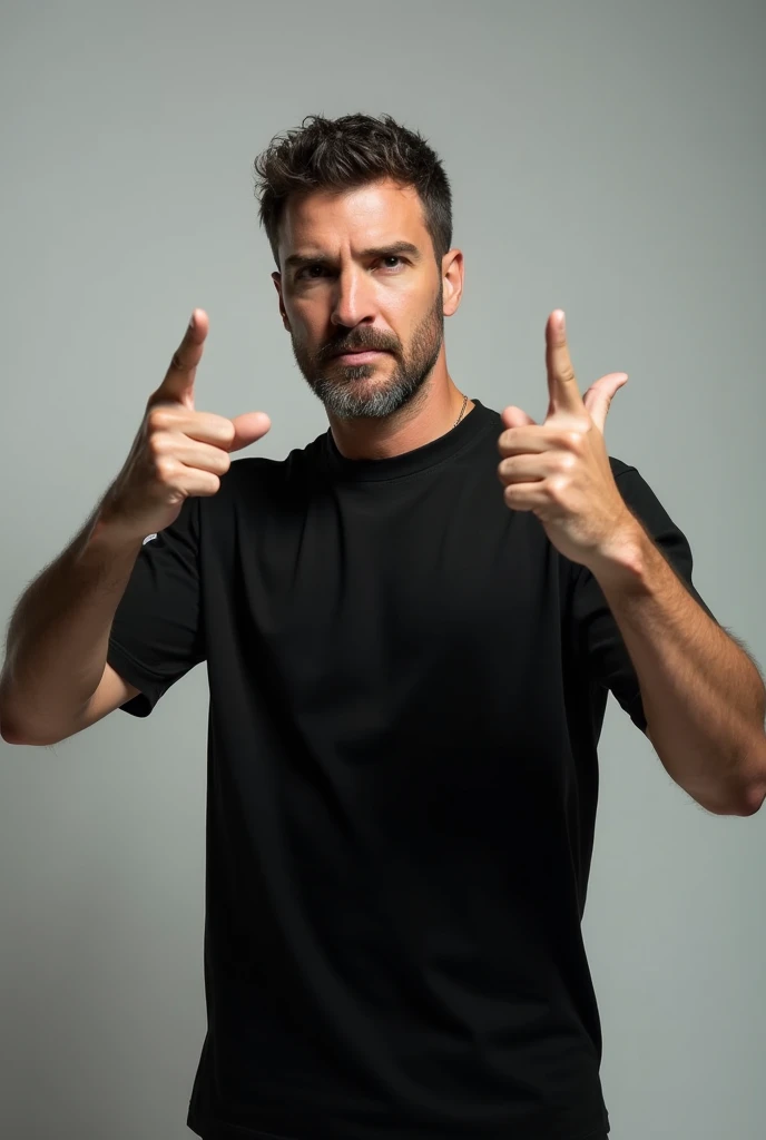 Man pointing finger of both hands in upward direction, wearing plain black t-shirts without any fault in t-shirt, make perfect plain t-shirt 