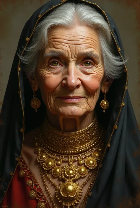 A picture of an old grandmother with a lot of gold.