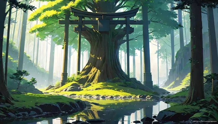 A masterpiece of high quality, the landscape, when you pass through a cave in the dark forest, you will find a mysterious torii gate, and sunlight filtering through the trees. Pixiv, concept art, lo-fi art style, reflection. Written by Makoto Shinkai, Beau...