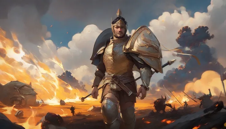 In a field filled with fire and smoke a warrior in armor is walking through the shadows the art style is surreal and oil
