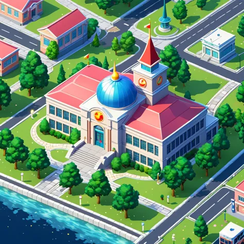 a school, road, isometric view, map tile, simple background, masterpiece, best quality, 8K, maximalist, sailor moon style