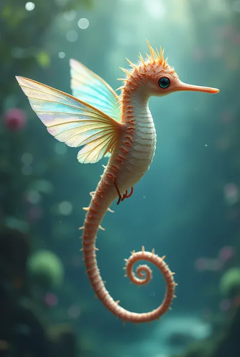 (Seahorse-Hummingbird Hybrid (Seahorse + Hummingbird)

Prompt: "Create a small, ethereal creature that combines the delicate features of a seahorse and a hummingbird. Its body is slender and long like a seahorse, but it has iridescent, tiny wings that allo...