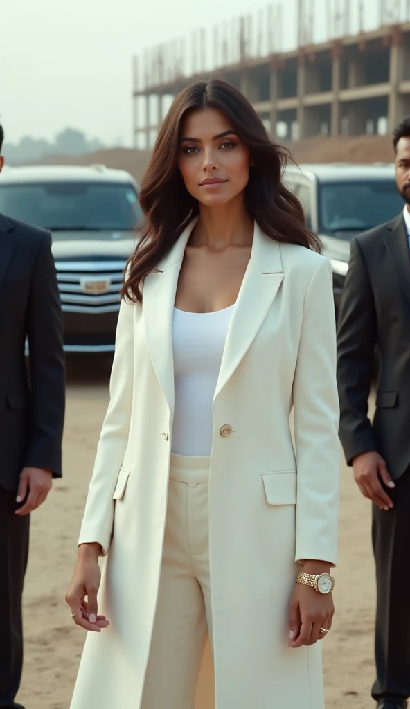 Punjabi Beautiful Girl in white formal premium pent coat amd white inner t shirt, Rolex watch in hand, (pic with bodyguards with guns), and 1 black cadillac escalade and 1 black g wagon in the background, background location India industrial construction a...