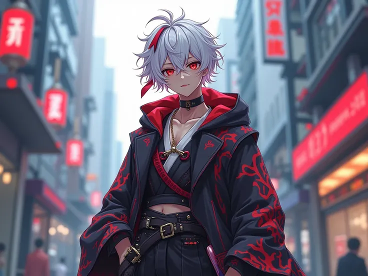 Kaedehara Kazuha (genshin impact),  white hair, red lock, red eyes, urban clothing, IN A PLANE