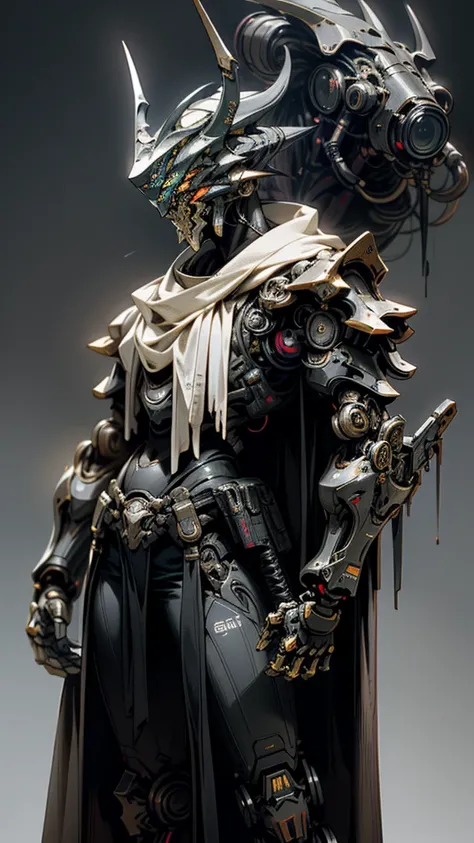 Dim background, Fantasy , Cyberpunk ,One person,Like the whole body, Mechanical Wonder ,The presence of robots, Cybernetic Guardian , Dark Knight Black Mechanical Armor, White Glowing Stripes ,Rugged body, Wearing a Great Sword on Her Back , Humanoid Drago...