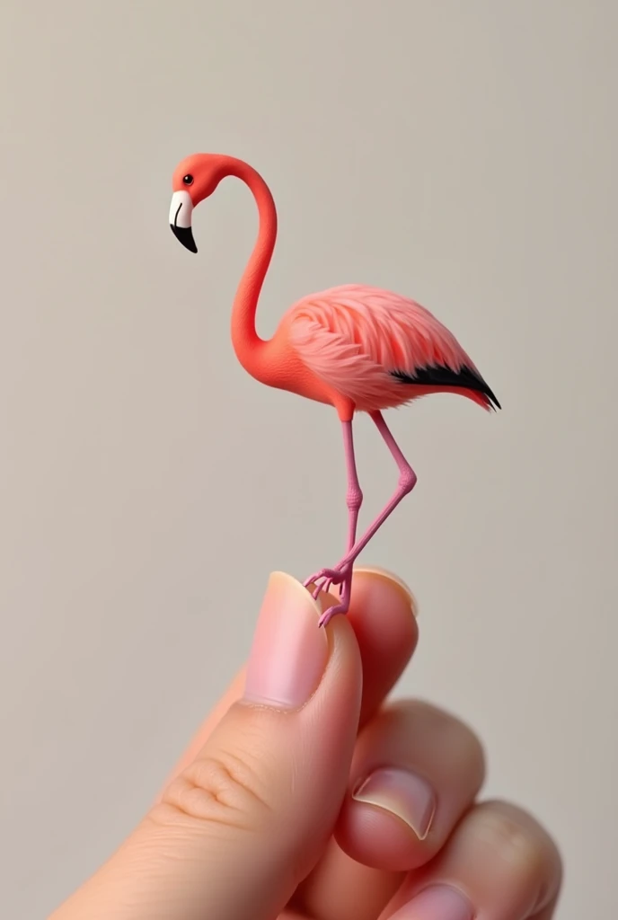 Small flamingo bird colored sitting on a finger 