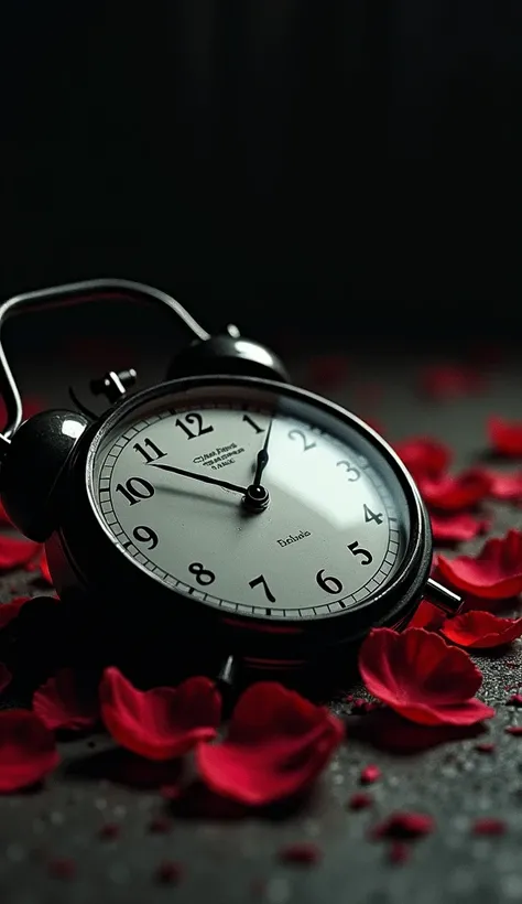 "A symbolic image of a broken clock lying on the ground, surrounded by red petals and a noir-style backdrop, representing time frozen in the Black Dahlia case."