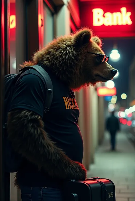 From a side-view perspective, the large bear with an Einstein-like appearance, its wild, disheveled fur and thick, round glasses slightly magnifying its curious eyes, is captured in the act of entering a hotel. Dressed in its signature black HACKER T-shirt...