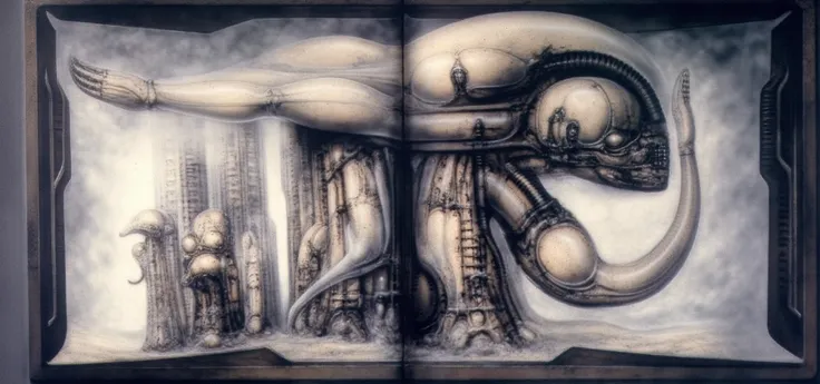 H. R. Gigers g1g3r, , Giger_style, H. R. Gigers g1g3r, , Giger_style, The image is a detailed view of H.R. Gigers " Aleph (work 210) " plate, featuring   vault , a surrealistic depiction of a city with buildings that have the shape of animals, including a ...