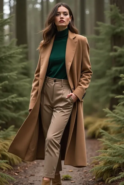 Create HD high quality resolutions pictures B-ROLL of lady wearing winter outfits 
Camel Coat + Forest Green Turtleneck + Taupe Trousers + Beige Boots