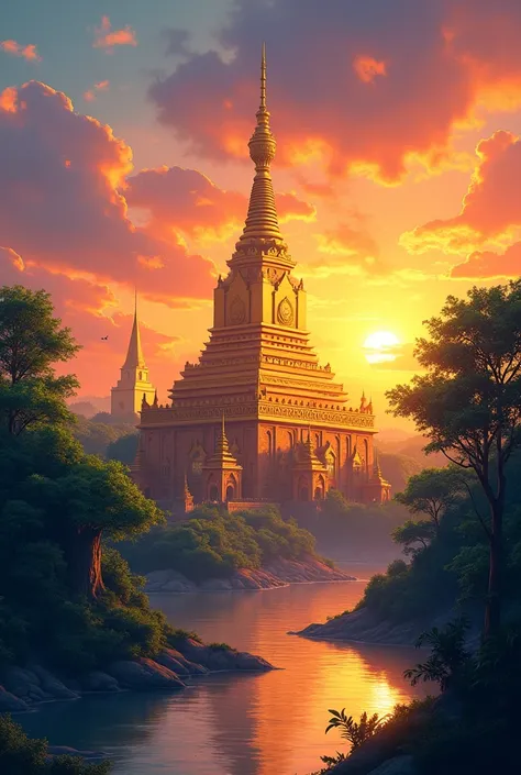 Myanmar bagoda sunset art