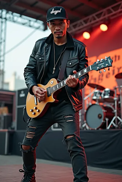 Handsome looking Indonesian man wearing ripped trousers wearing boots wearing black leather jacket wearing baseball cap inscribed dhegolplaying electric guitar Gibson is on top outside concert stage face appears to be looking at camera from the front